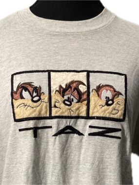 Vintage Embroidered 90s TAZ Looney Tunes Single Stitch T-Shirt Grey Warner Bros